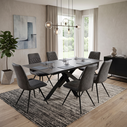 'Warrior' Grey Sintered Stone 180cm Extending Dining Table With Charcoal Grey Fabric Standard Dining Chairs - Set of 6 Furniture Village