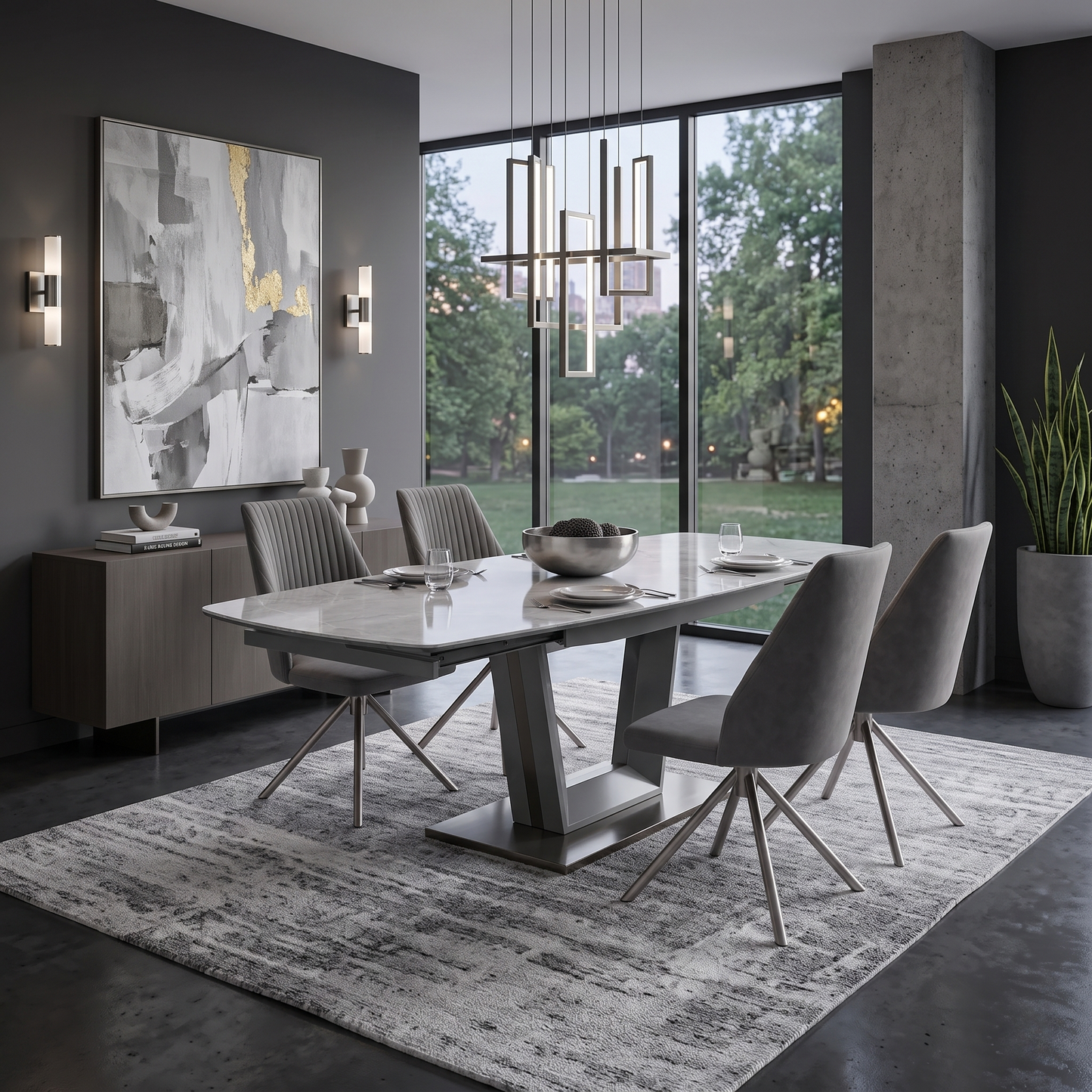 ‘Grigio’ Ceramic Top Swivel Extending Dining Table with 4 Grey Fabric Swivel Dining Chairs Set