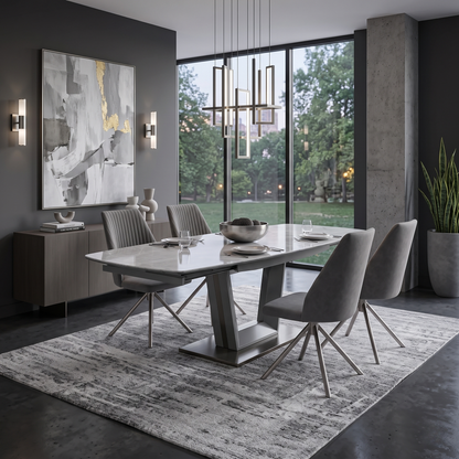 ‘Grigio’ Ceramic Top Swivel Extending Dining Table with 4 Grey Fabric Swivel Dining Chairs Set
