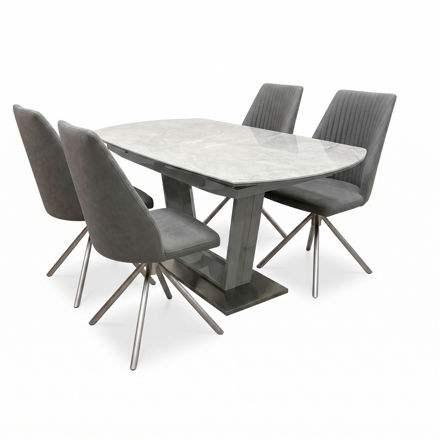 ‘Grigio’ Ceramic Top Swivel Extending Dining Table with 4 Grey Fabric Swivel Dining Chairs Set