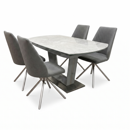 ‘Grigio’ Ceramic Top Swivel Extending Dining Table with 4 Grey Fabric Swivel Dining Chairs Set