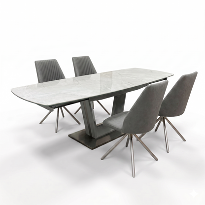 ‘Grigio’ Ceramic Top Swivel Extending Dining Table with 4 Grey Fabric Swivel Dining Chairs Set