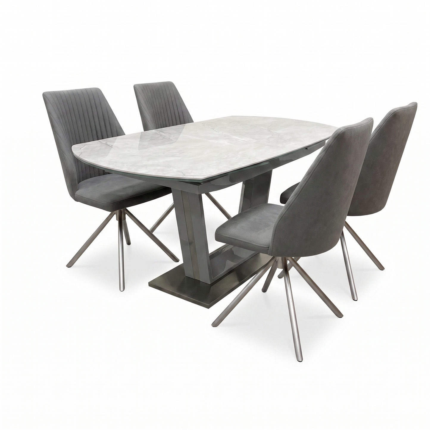 ‘Grigio’ Ceramic Top Swivel Extending Dining Table with 4 Grey Fabric Swivel Dining Chairs Set