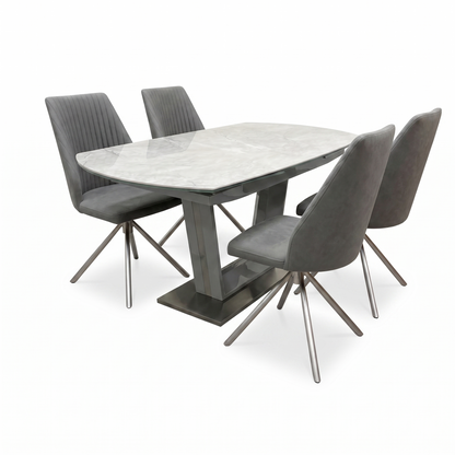 ‘Grigio’ Ceramic Top Swivel Extending Dining Table with 4 Grey Fabric Swivel Dining Chairs Set