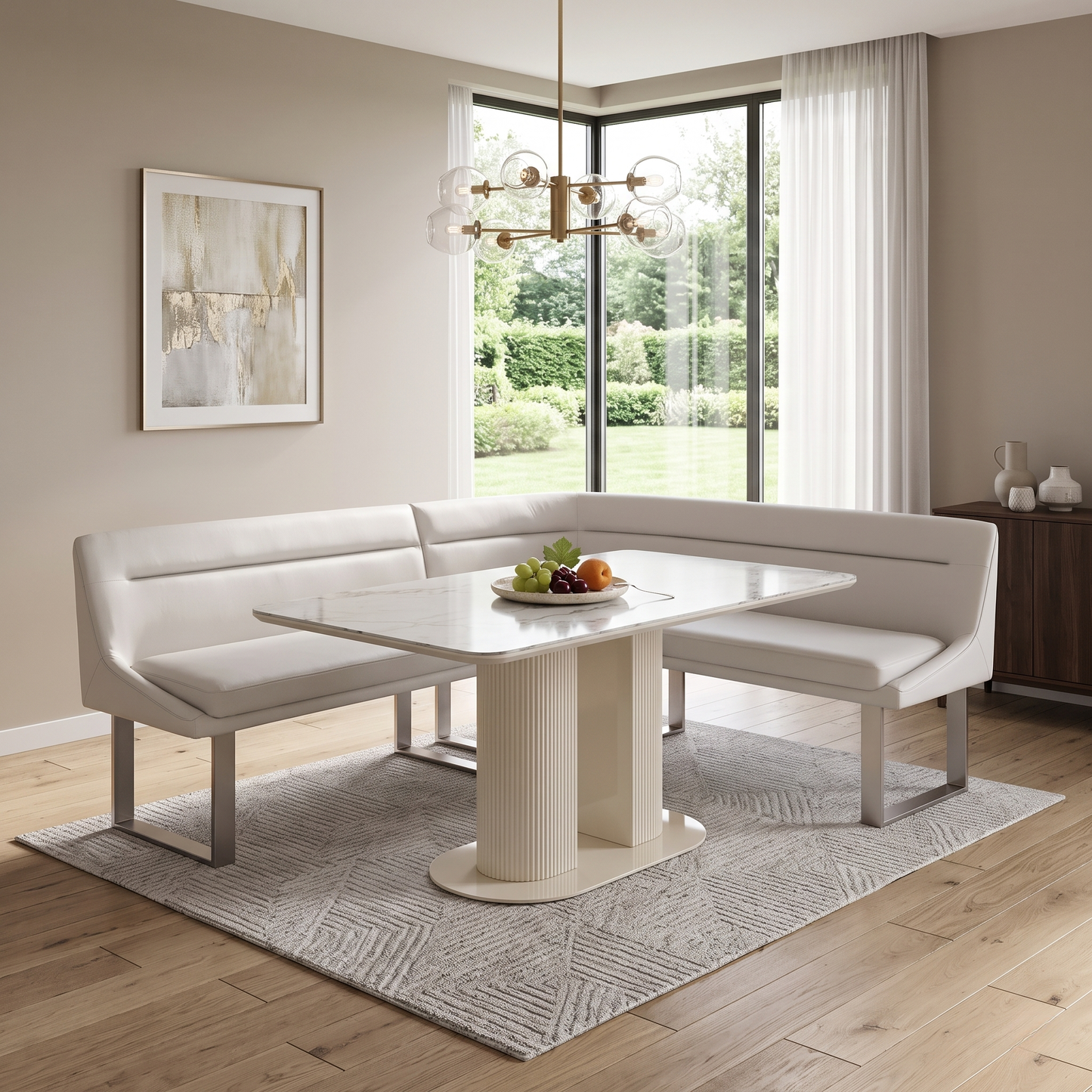 'Avorio' Ceramic Top Fixed Dining Table with Neutral Faux Leather Right Hand Facing Corner Dining Bench