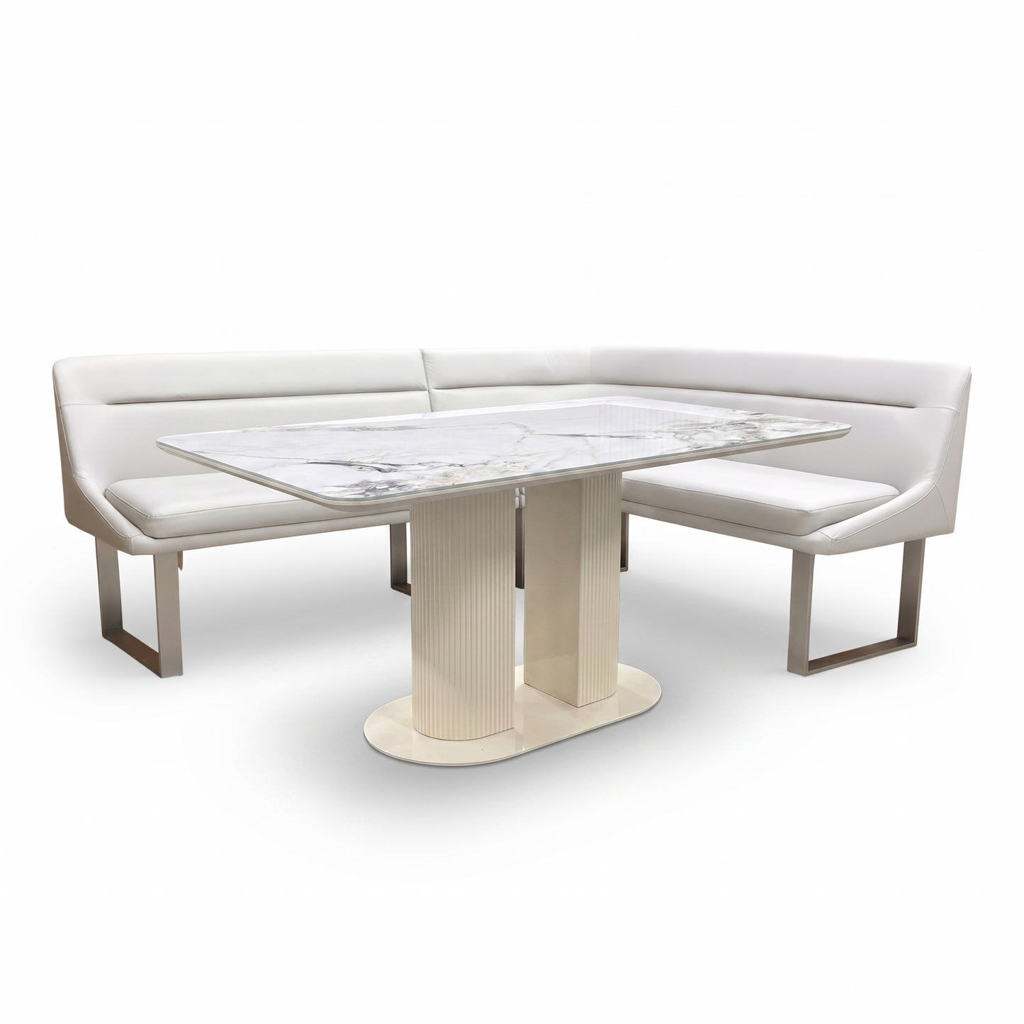 'Avorio' Ceramic Top Fixed Dining Table with Neutral Faux Leather Right Hand Facing Corner Dining Bench