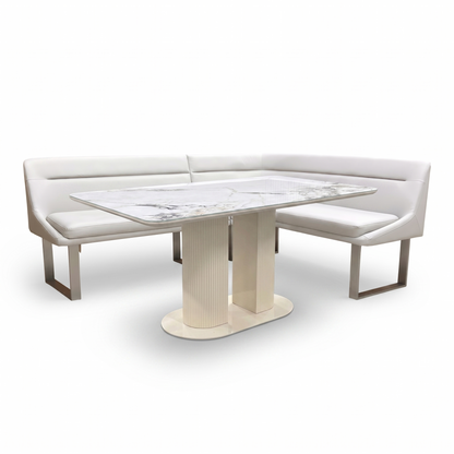 'Avorio' Ceramic Top Fixed Dining Table with Neutral Faux Leather Right Hand Facing Corner Dining Bench