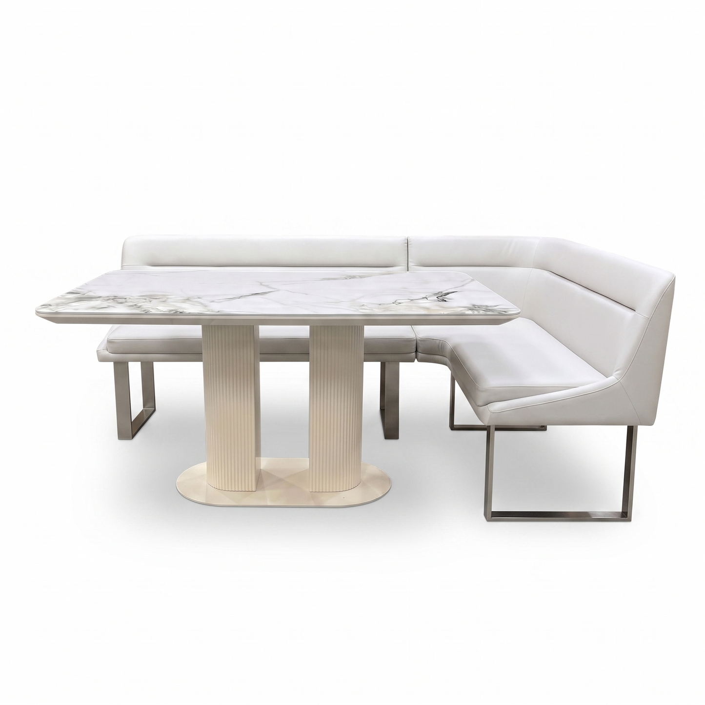 'Avorio' Ceramic Top Fixed Dining Table with Neutral Faux Leather Right Hand Facing Corner Dining Bench