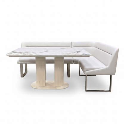 'Avorio' Ceramic Top Fixed Dining Table with Neutral Faux Leather Right Hand Facing Corner Dining Bench