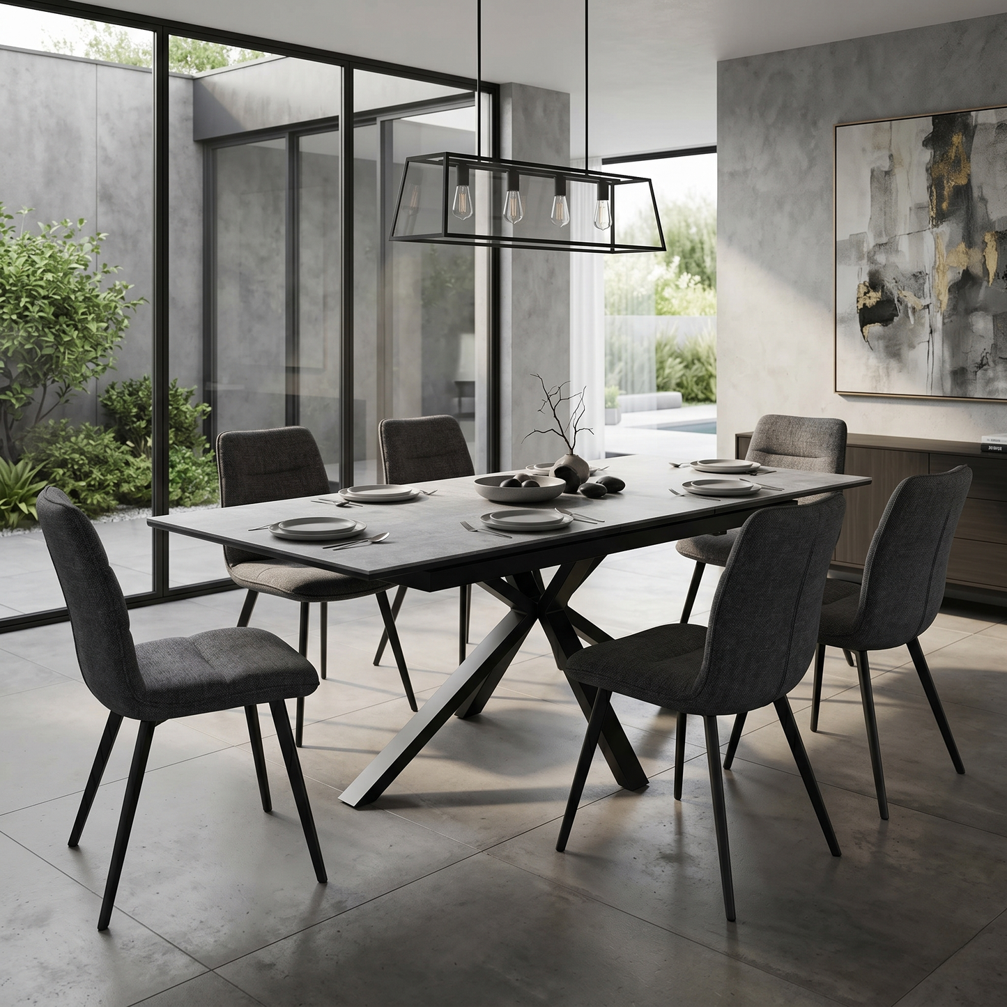 'Moon’ Grey Concrete Effect Pop-Up Extending Dining Table