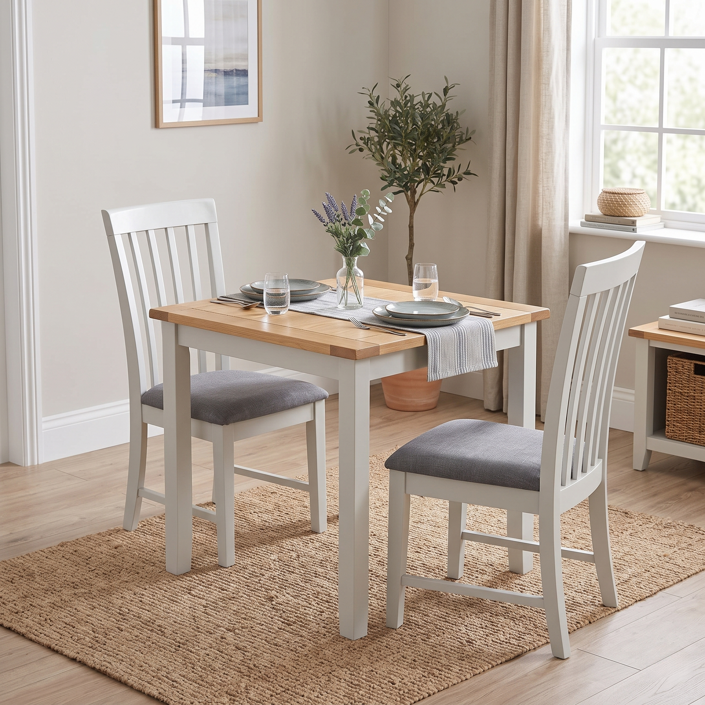 Styled upscale dining room or breakfast kitchen lifestyle layout featuring the set of 2 Hamilton high-back wooden chairs neatly arranged around a contemporary dining table.