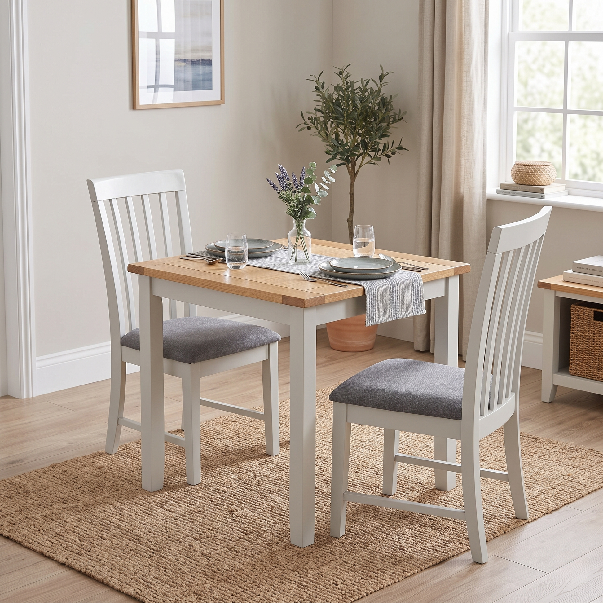 Styled upscale dining room or breakfast kitchen lifestyle layout featuring the set of 2 Hamilton high-back wooden chairs neatly arranged around a contemporary dining table.