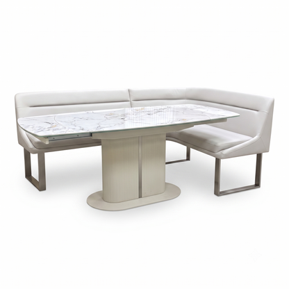 'Avorio' Ceramic Top Swivel Extending Dining Table with Neutral Faux Leather Right Hand Facing Corner Dining Bench