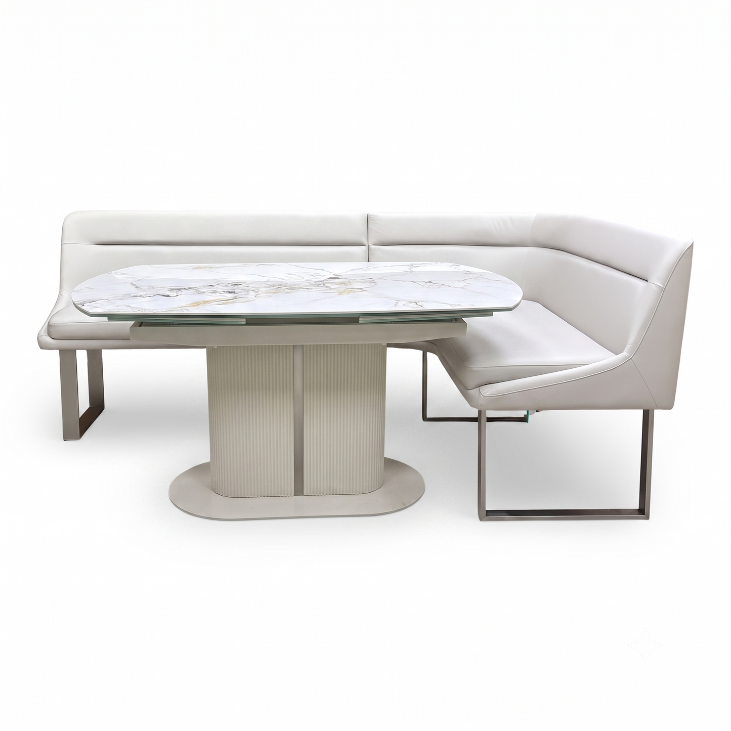 'Avorio' Ceramic Top Swivel Extending Dining Table with Neutral Faux Leather Right Hand Facing Corner Dining Bench