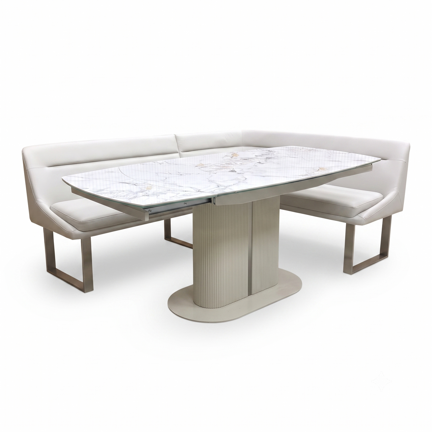 'Avorio' Ceramic Top Swivel Extending Dining Table with Neutral Faux Leather Right Hand Facing Corner Dining Bench