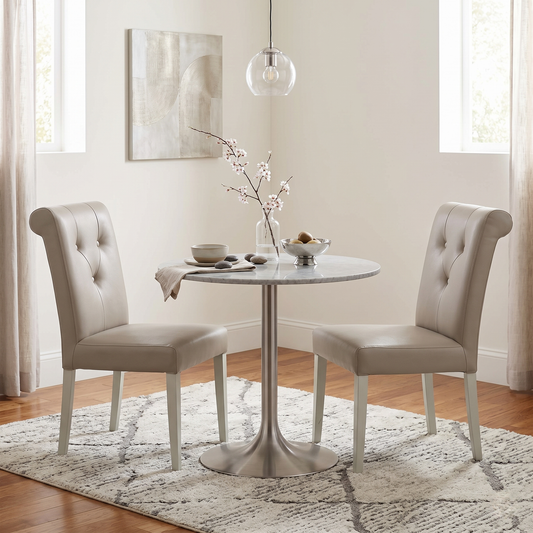 Furnitureland ‘Annecy’ Soft Grey Paint Pair of Upholstered Faux Leather Roll Back Dining Chairs