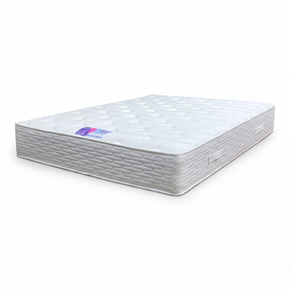 Farlow eco fully pocket sprung king mattress with quilted top and woven border, angled view