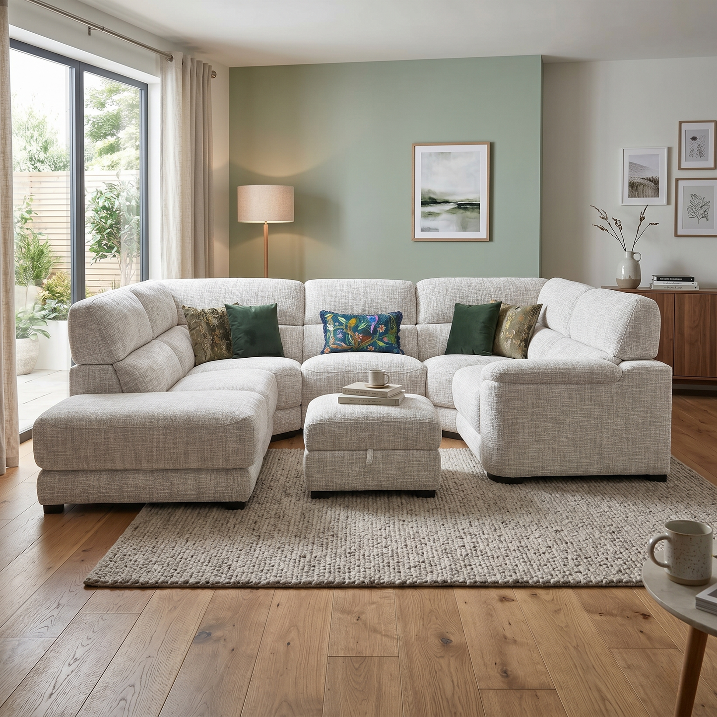 Styled modern apartment living room lifestyle layout featuring the Nova beige fabric corner chaise sofa and storage footstool arranged as an inviting central centerpiece.