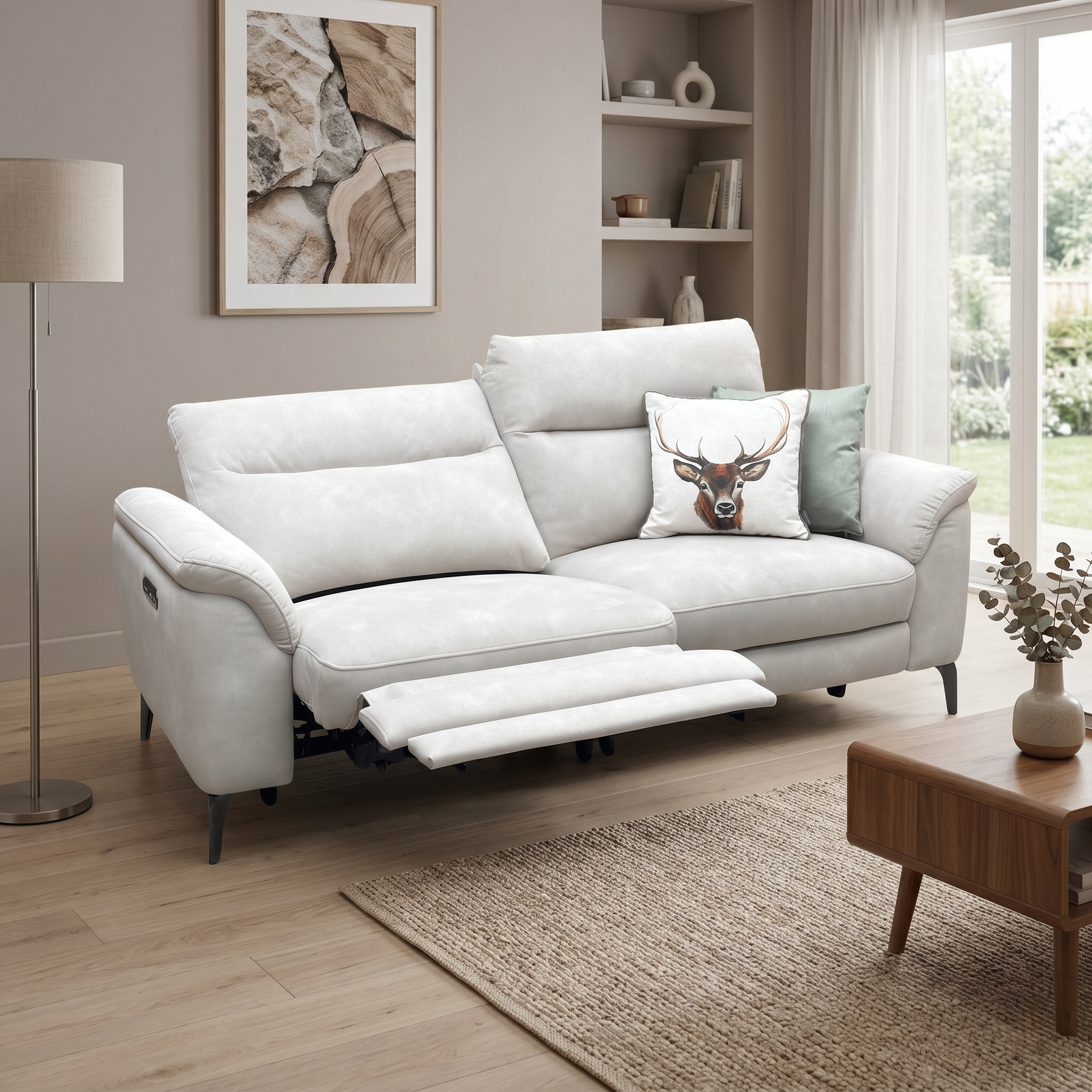 Styled transitional or modern living room lifestyle layout featuring the Morgan ivory fabric 3-seater power recliner sofa arranged as a bright, sophisticated centerpiece.