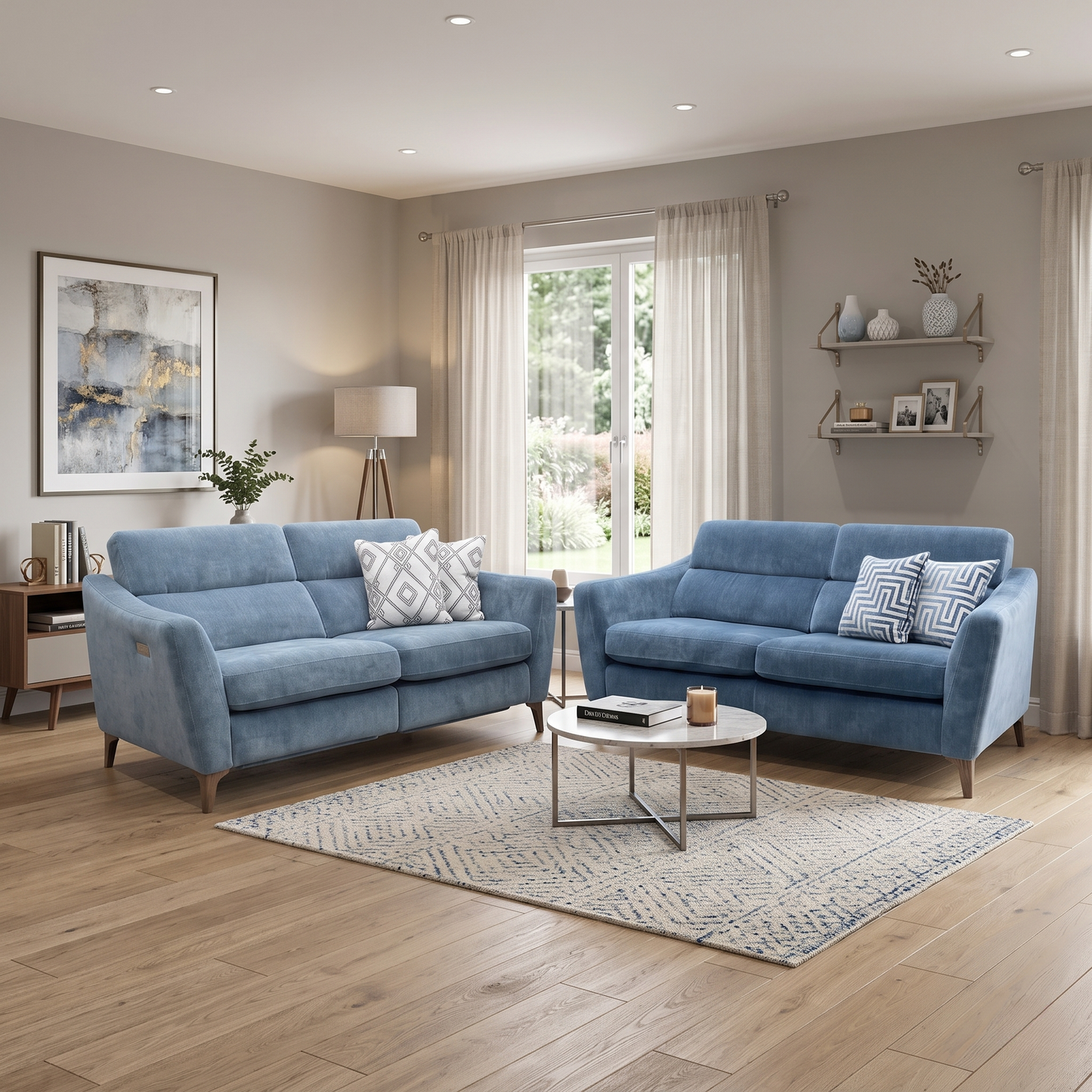 ‘Moderna’ Mht Airforce Blue Sw Linen Fabric 2+2 Seater Sofa Set - Power Recliner Sofa & Standard Sofa