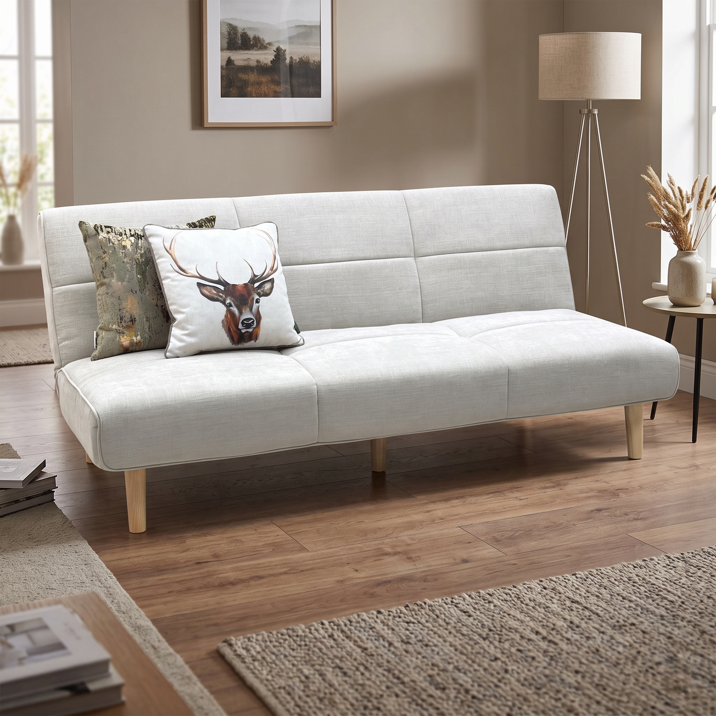 ‘Miyagi’ Beige Linen Fabric Futon Sofa Bed