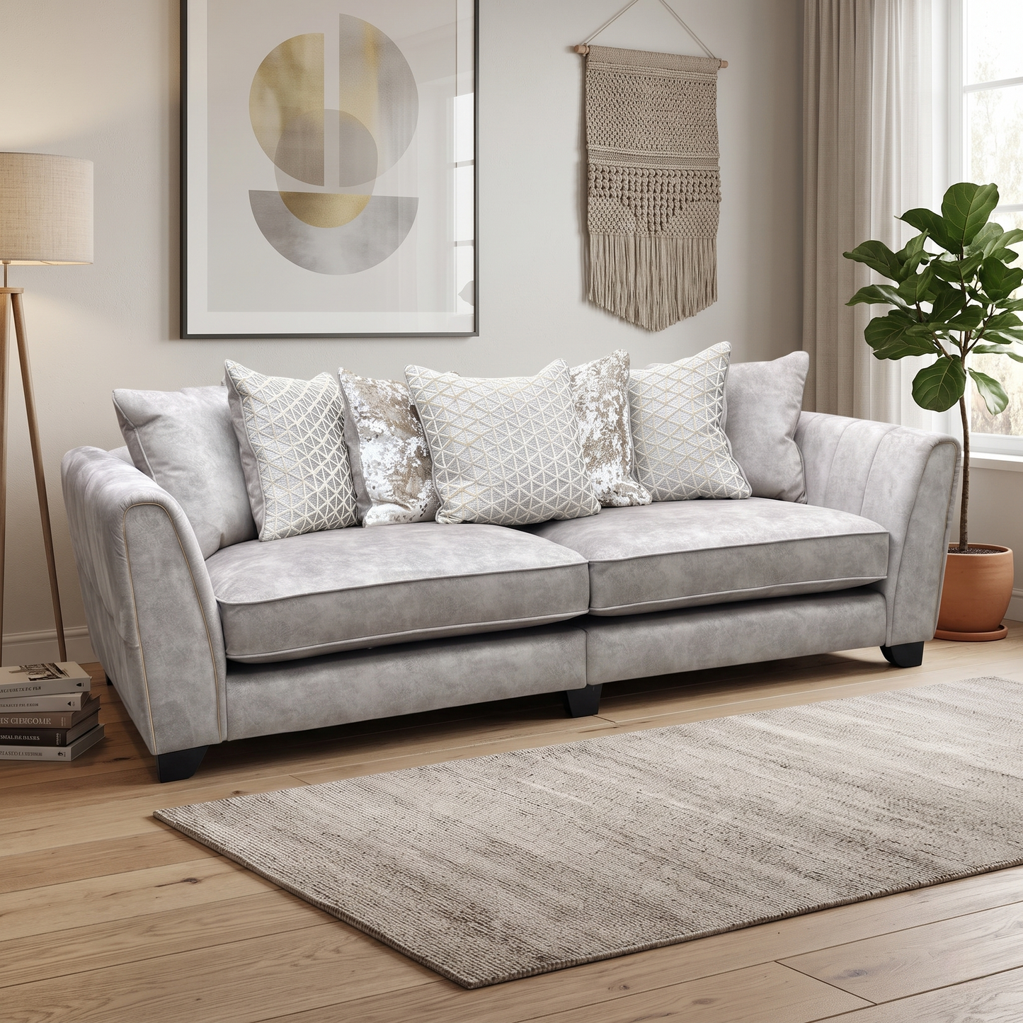 ‘Mariah' Dapple Cream-Tri Brass Insert Fabric 4 Seater Classic Back Split Frame Sofa