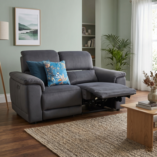 ‘Genius’ Bella Iron Grey 43460 Velvet 2 Seater Power Recliner Sofa with Power Headrests, Power Lumbar and Bluetooth Speakers