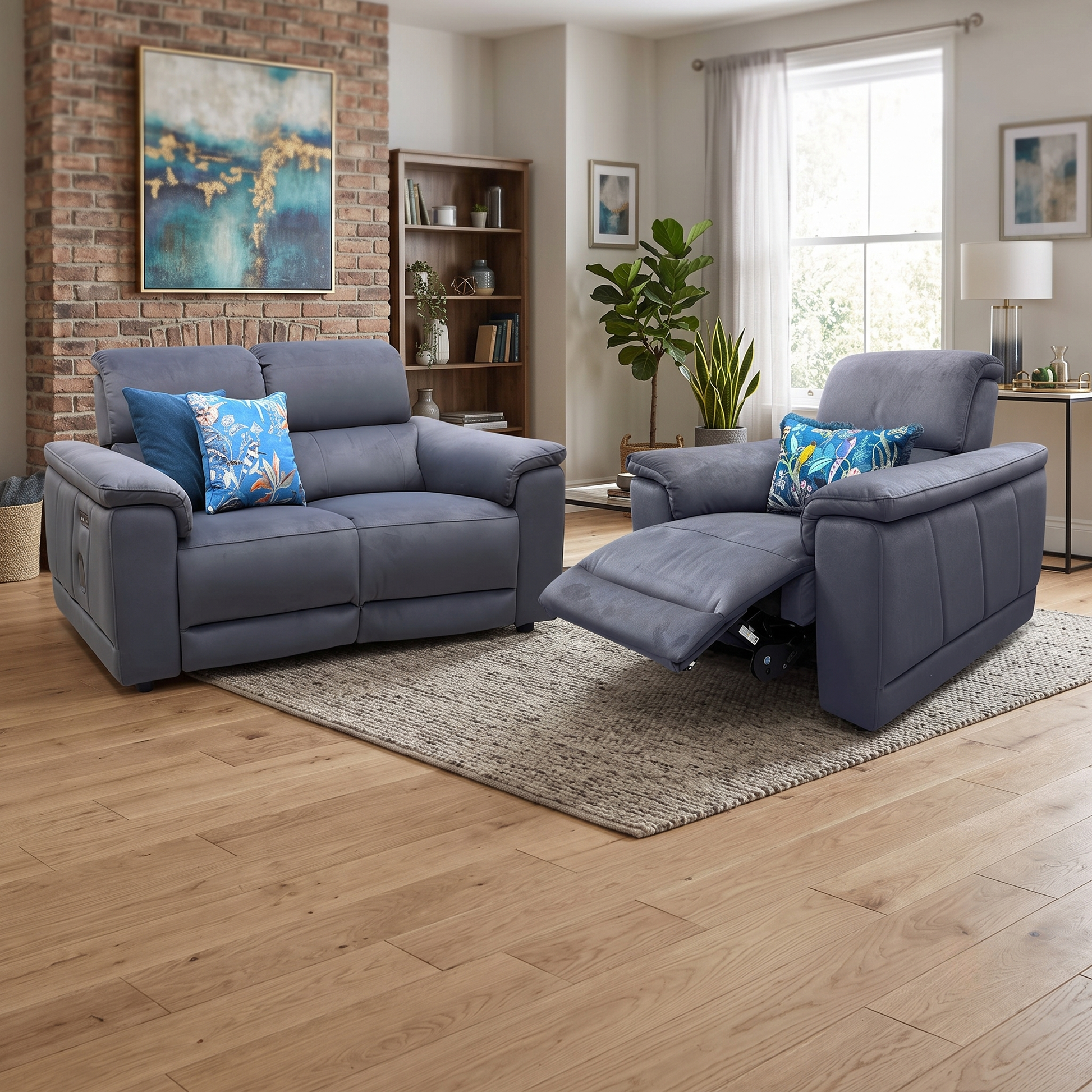 ‘Genius’ Bella Iron Grey 43460 Velvet 2 Seater Power Recliner + Chair with Power Headrests, Power Lumbar and Bluetooth Speakers Sofa Set Furniture Village