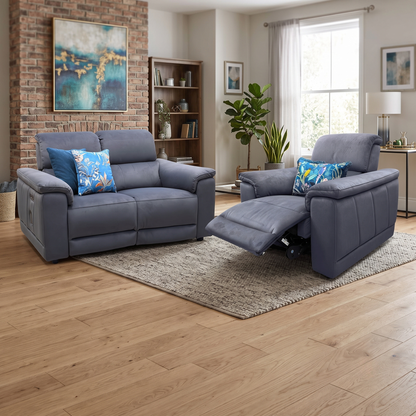 ‘Genius’ Bella Iron Grey 43460 Velvet 2 Seater Power Recliner + Chair with Power Headrests, Power Lumbar and Bluetooth Speakers Sofa Set Furniture Village