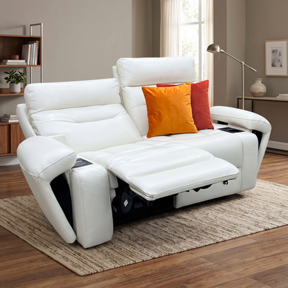 ‘Cinemax’ White Le-9307 Leather 2 Seater Media Arm Power Recliner Sofa with Power Headrests