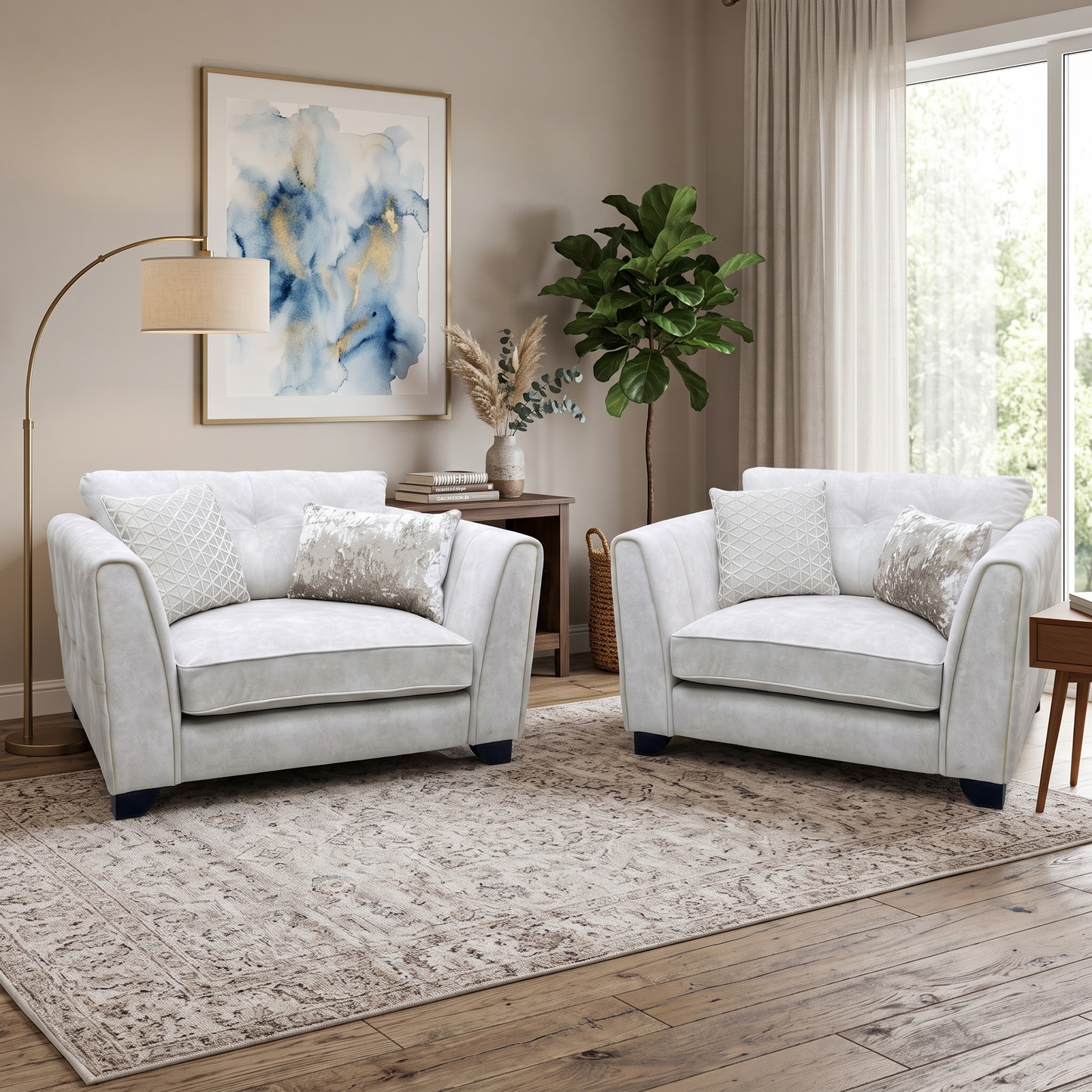 ‘Mariah’ Dapple Ivory-Tri Brass Insert Fabric Classic Back Snuggler Chairs - Set of 2