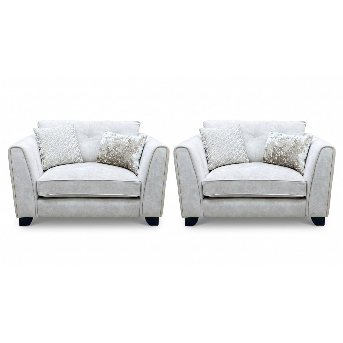 ‘Mariah’ Dapple Ivory-Tri Brass Insert Fabric Classic Back Snuggler Chairs - Set of 2
