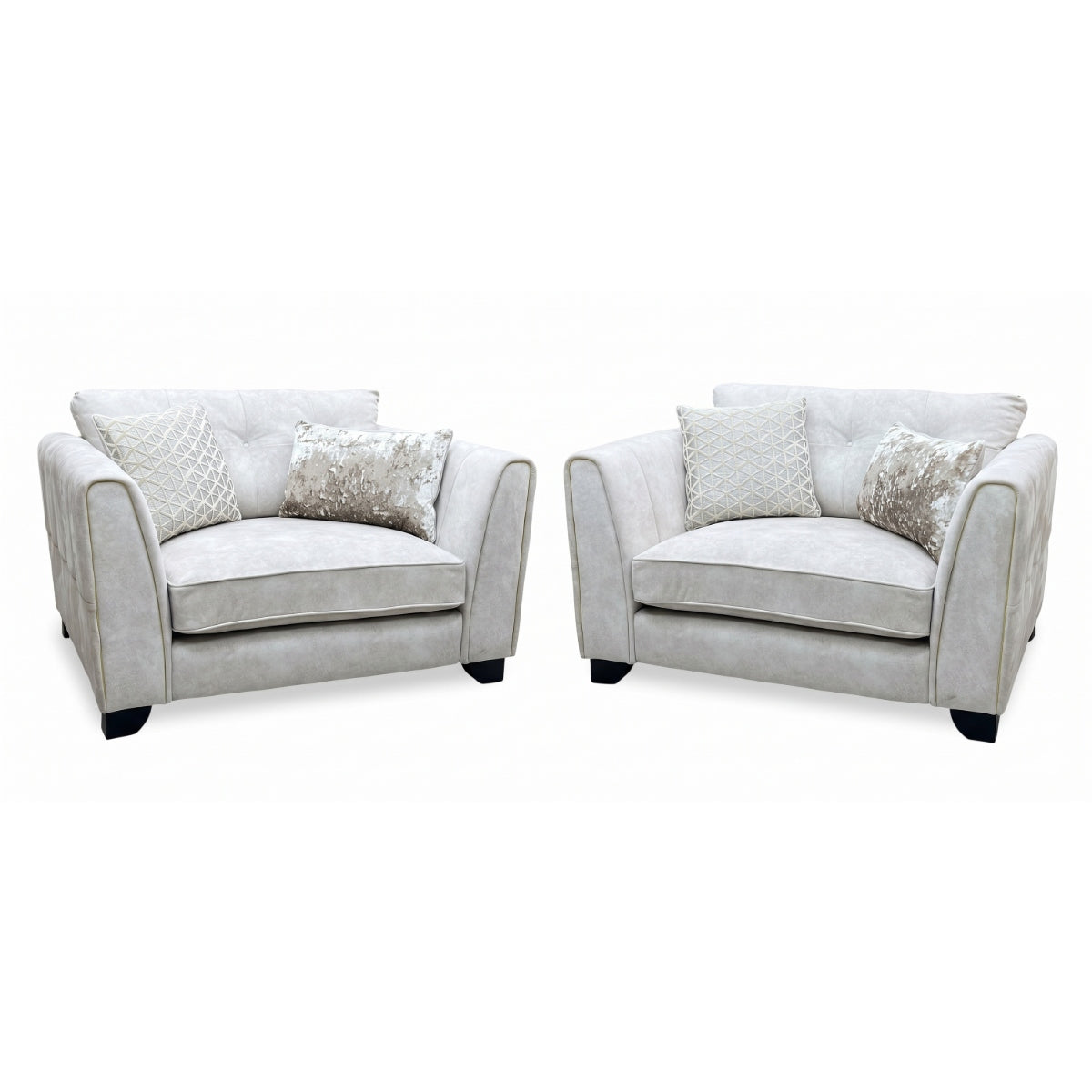 ‘Mariah’ Dapple Ivory-Tri Brass Insert Fabric Classic Back Snuggler Chairs - Set of 2