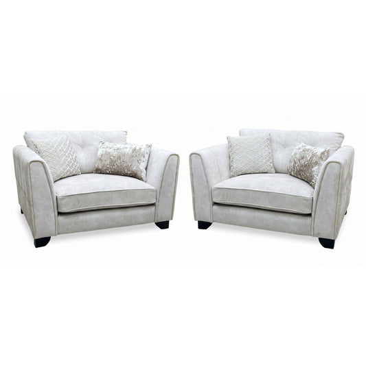 ‘Mariah’ Dapple Ivory-Tri Brass Insert Fabric Classic Back Snuggler Chairs - Set of 2
