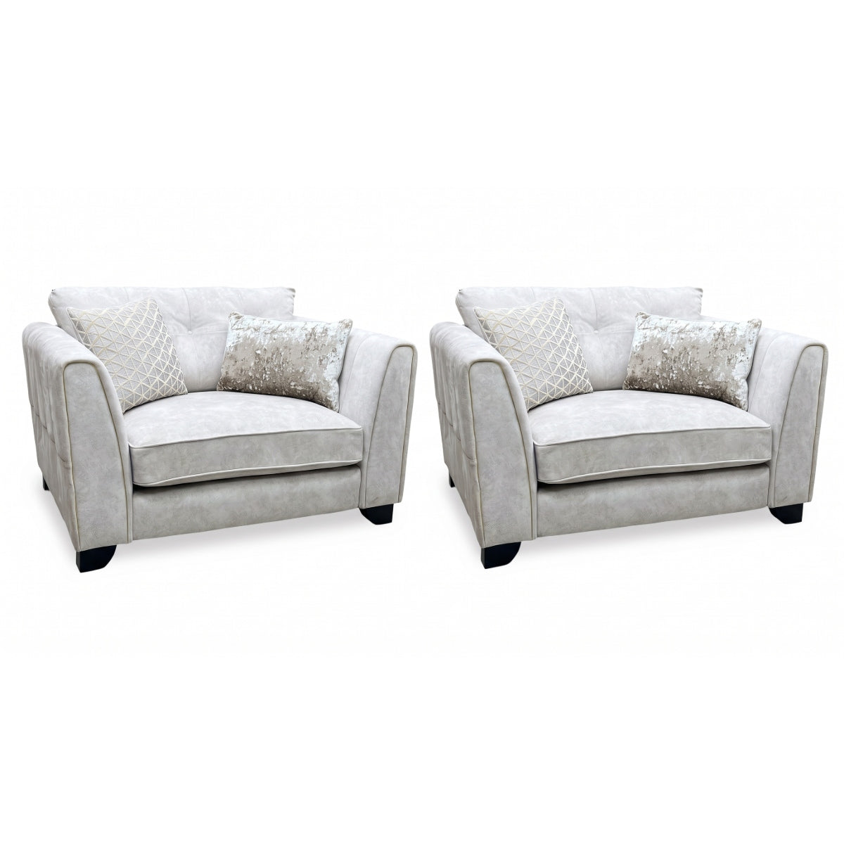‘Mariah’ Dapple Ivory-Tri Brass Insert Fabric Classic Back Snuggler Chairs - Set of 2