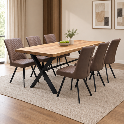 'Earth' Solid Oak 190cm Dining Table with X-Shaped Legs with Tan Brown Faux Leather Set of 6 Dining Chairs
