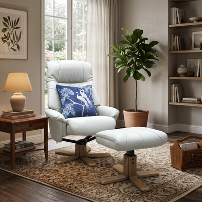 ‘Muscat’ Mushroom Light Grey Leather Swivel Recliner Chair and Footstool