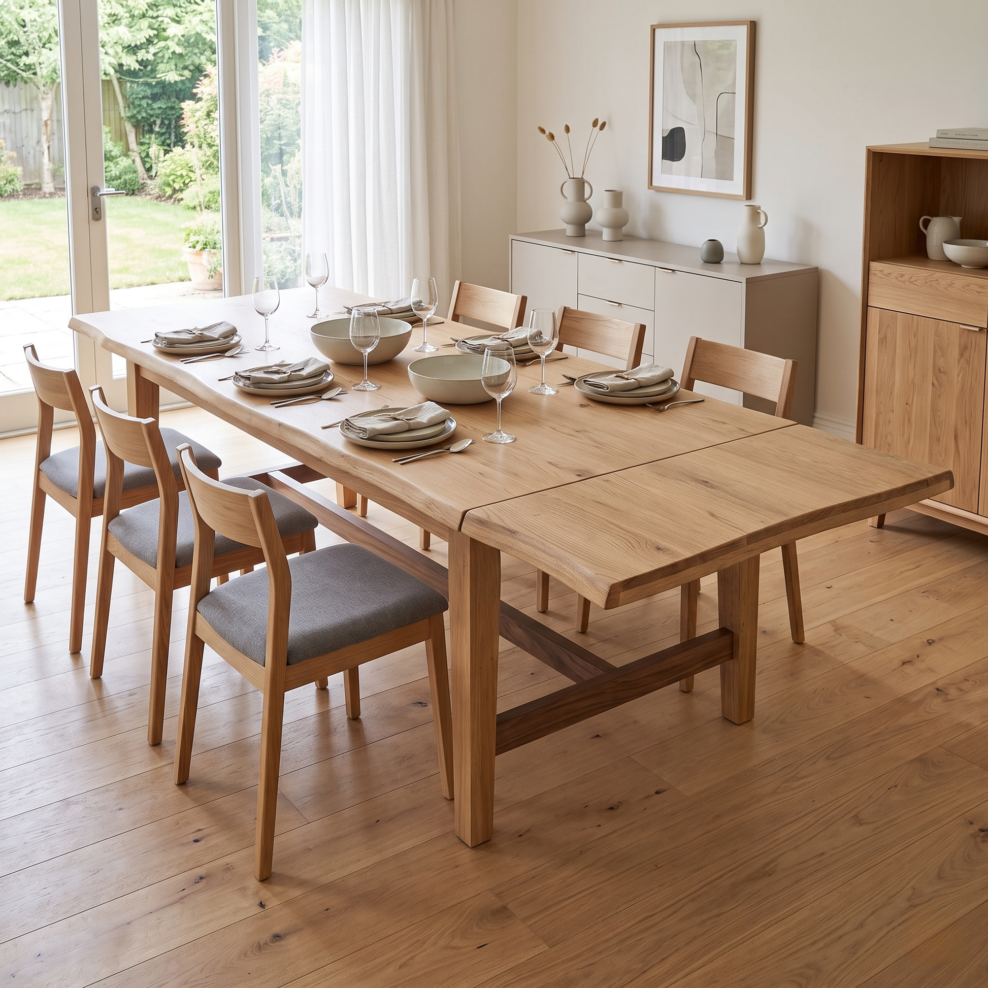Styled dining room lifestyle layout featuring the Earth solid oak live edge extension leaf seamlessly slotted into its matching dining table to maximize guest seating capacity.