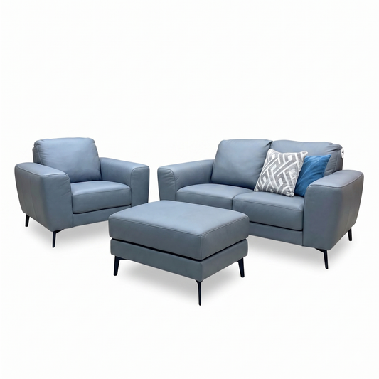 Full View ‘Bocelli’ contemporary living room suite, showcasing a luxury 2-seater sofa, a matching armchair, and a coordinated rectangular footstool upholstered in elegant Tatto Grey 4370 leather.