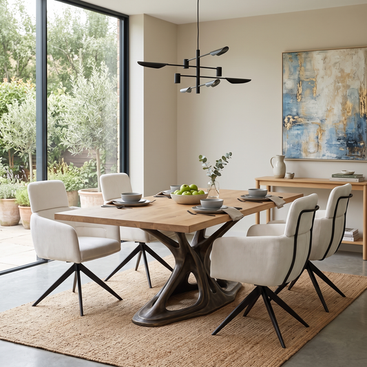 Styled upscale contemporary dining room lifestyle layout featuring the complete set of 4 Jason white corduroy swivel dining chairs arranged neatly around a luxury modern dining table.