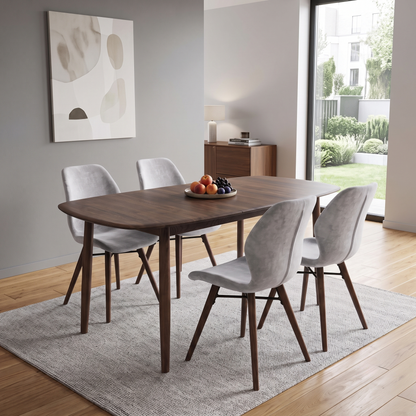 ‘Stockholm’ Dark Oak Solid Oak Large Extending Dining Table with Grey Upholstered Dark Oak Dining Chairs - Set of 4 Furniture Village