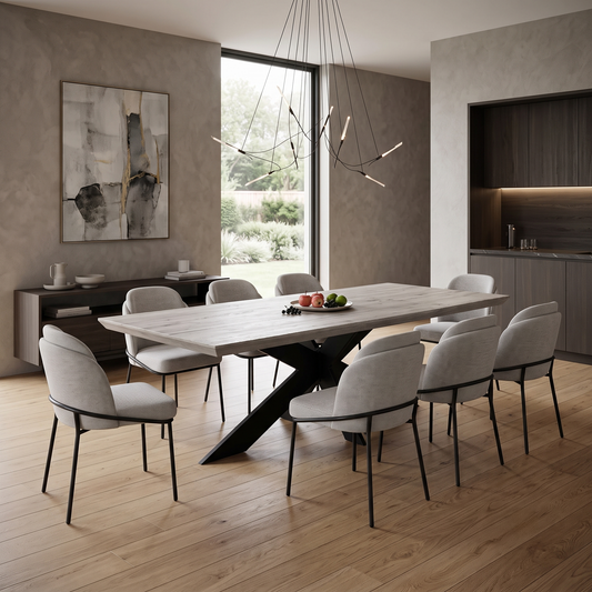 Styled upscale dining room lifestyle layout featuring the Bodahl Terra 240cm solid oak table beautifully arranged with contemporary dining chairs as a luxury, industrial-chic centerpiece.