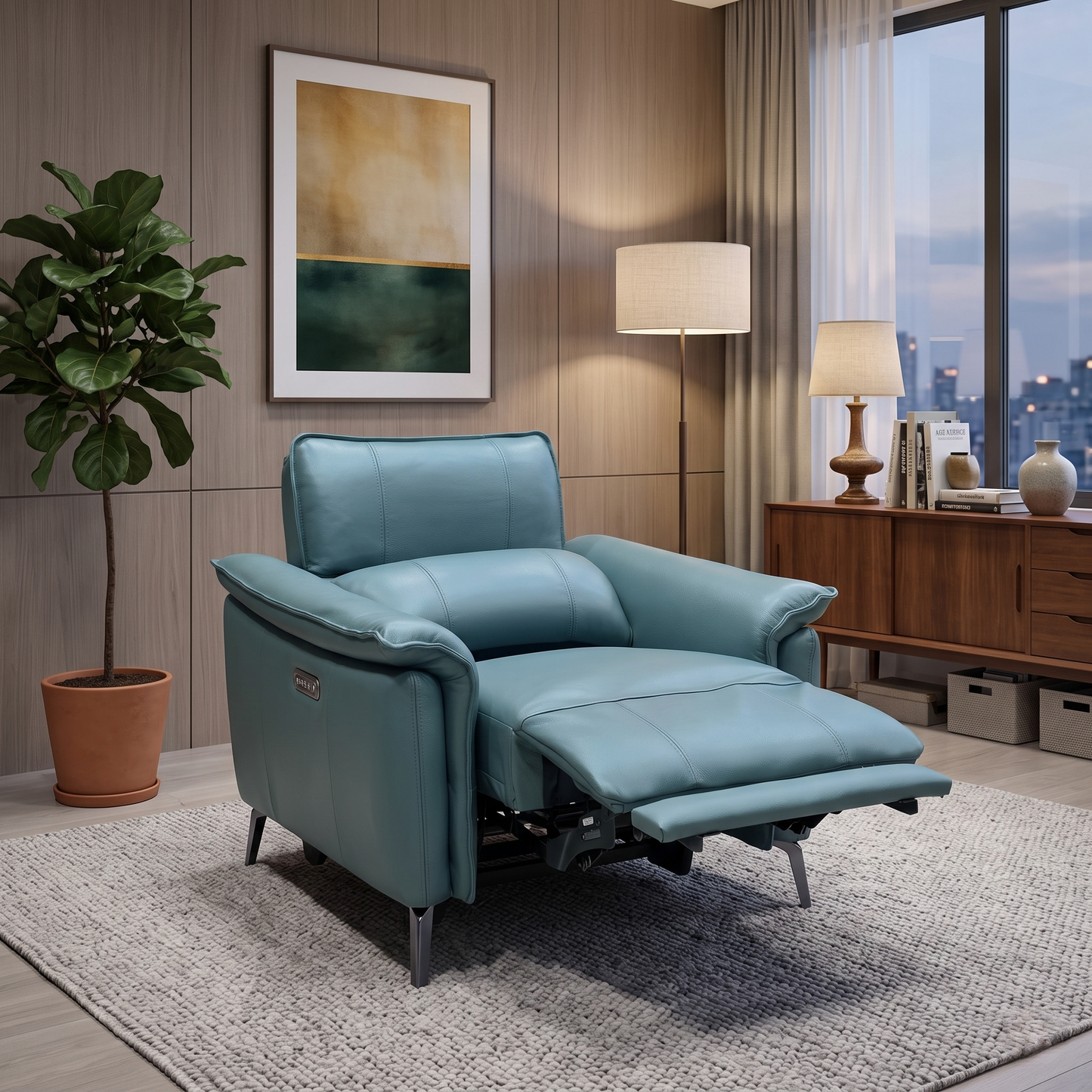 ‘Jude’ Oslo Peacock Green Cat-40_09 Leather Power Recliner Chair with Power Headrest, Power Lumbar and Heated Seat