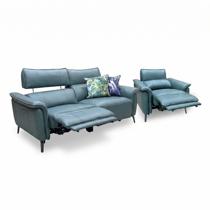 ‘Jude’ Oslo Peacock Green Cat-40_09 Leather 3 Seater Sofa & Power Recliner Chair Set with Power Headrest, Lumbar & Heated Seats
