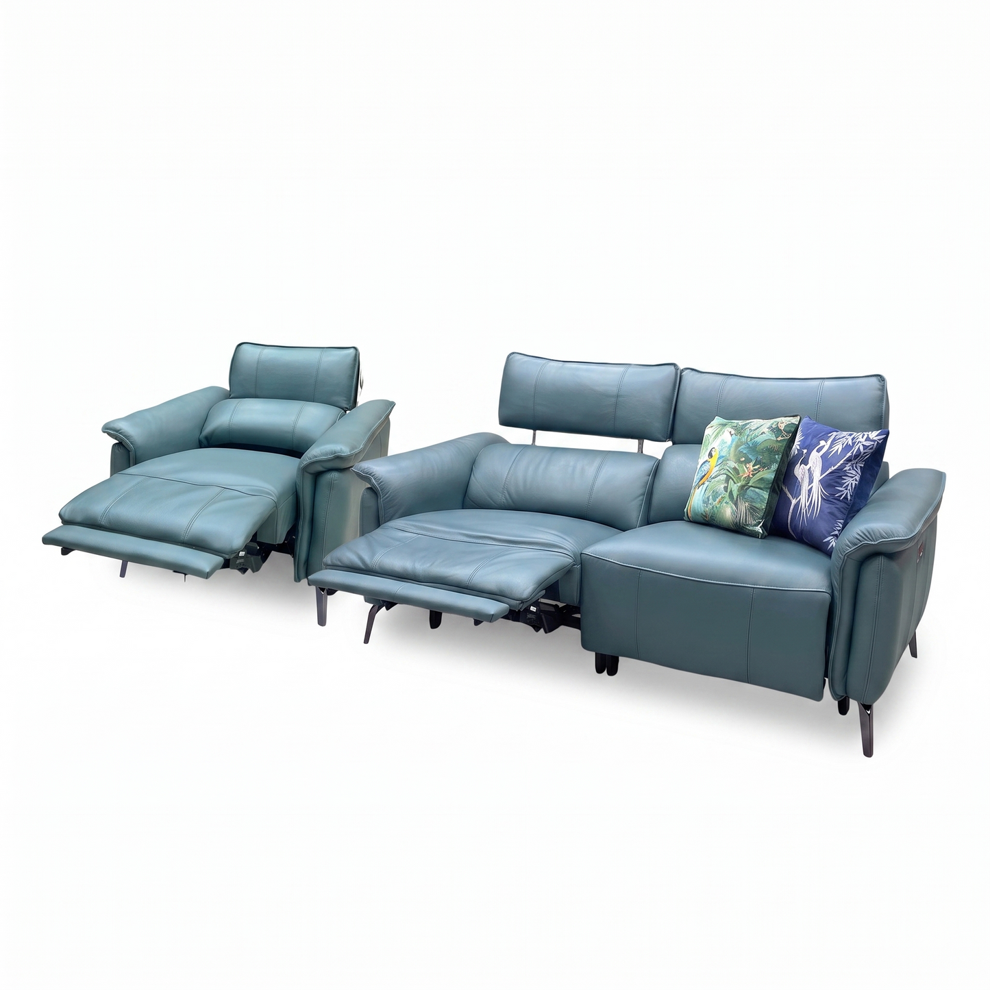 ‘Jude’ Oslo Peacock Green Cat-40_09 Leather 3 Seater Sofa & Power Recliner Chair Set with Power Headrest, Lumbar & Heated Seats