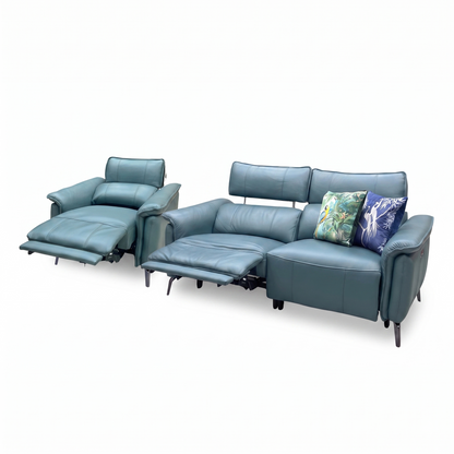 ‘Jude’ Oslo Peacock Green Cat-40_09 Leather 3 Seater Sofa & Power Recliner Chair Set with Power Headrest, Lumbar & Heated Seats