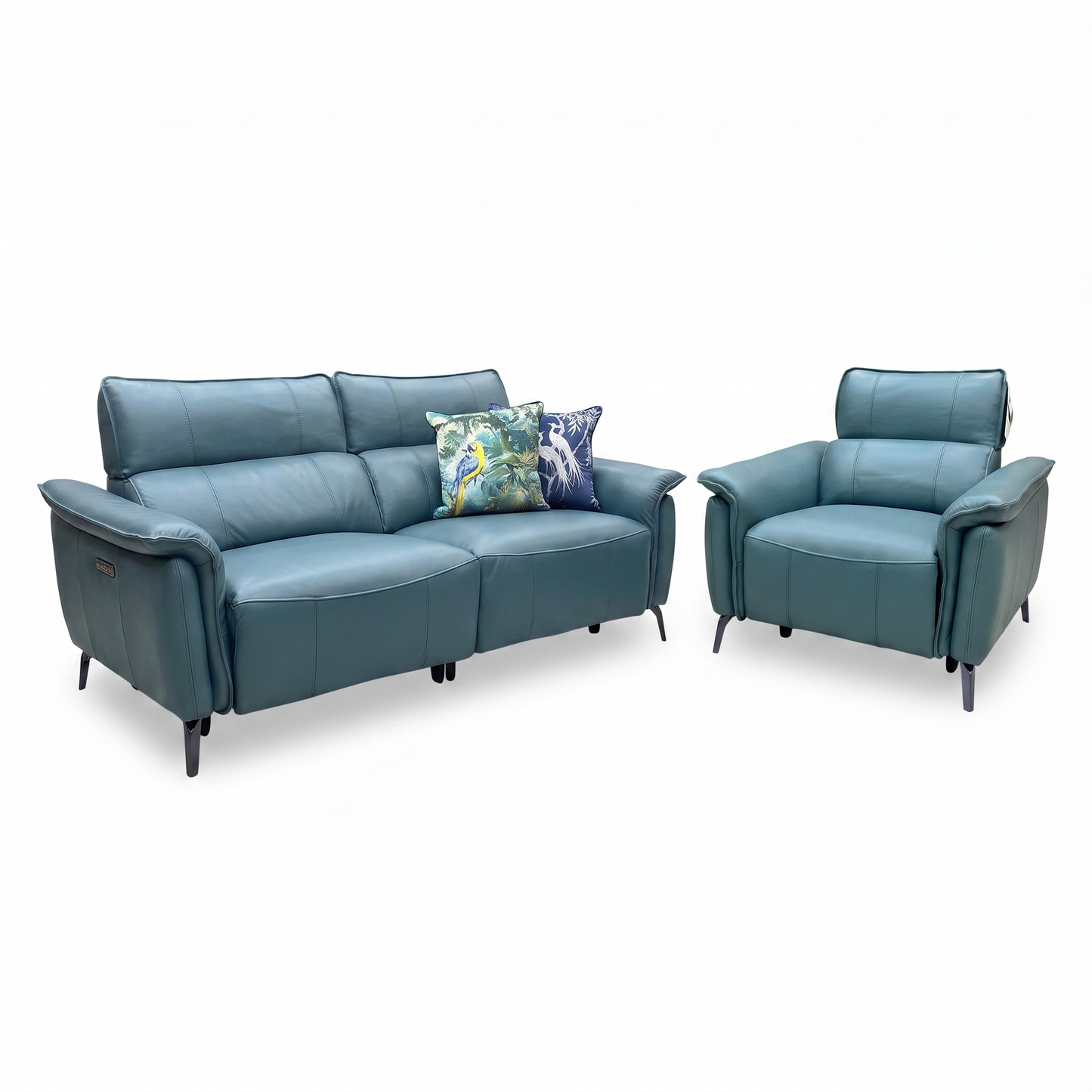 ‘Jude’ Oslo Peacock Green Cat-40_09 Leather 3 Seater Sofa & Power Recliner Chair Set with Power Headrest, Lumbar & Heated Seats