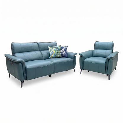 ‘Jude’ Oslo Peacock Green Cat-40_09 Leather 3 Seater Sofa & Power Recliner Chair Set with Power Headrest, Lumbar & Heated Seats