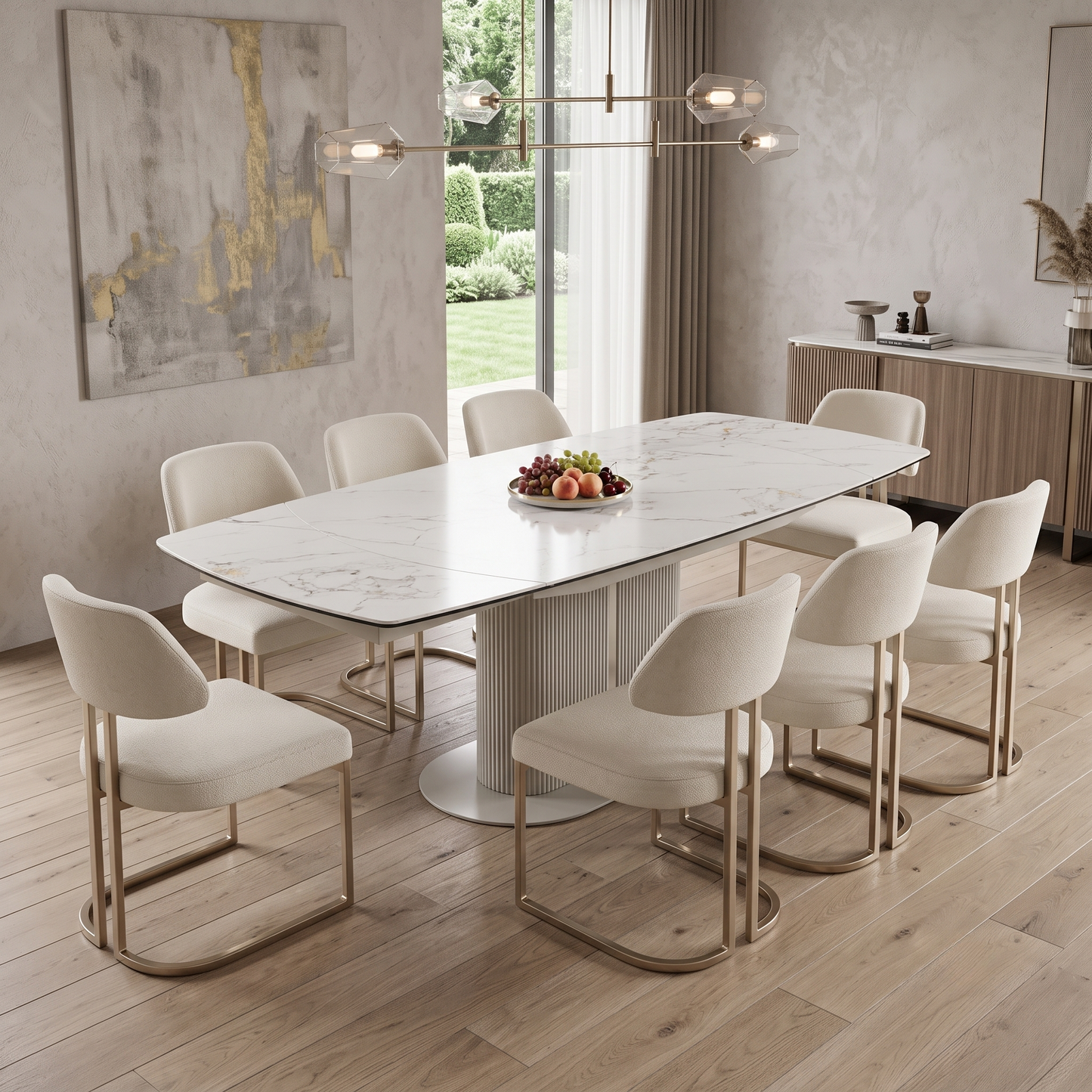 Dining room view Avorio ivory ceramic dining table shown fully extended. Displays the unique rotating swivel top action that smoothly pivots to reveal integrated extensions, expanding the surface area for additional dining seating.
