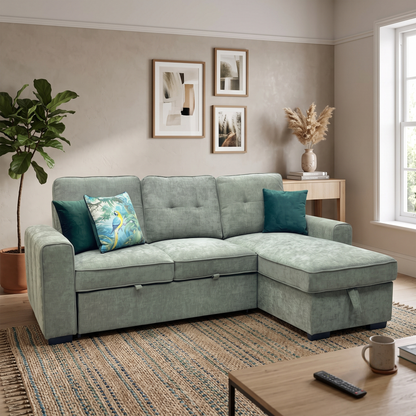 ‘Terry’ Sage Green Fabric Reversible Corner Sofa Bed with Storage Chaise